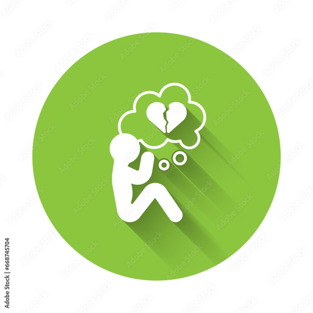 White Broken heart or divorce icon isolated with long shadow background. Love symbol. Valentines day. Green circle button. Vector