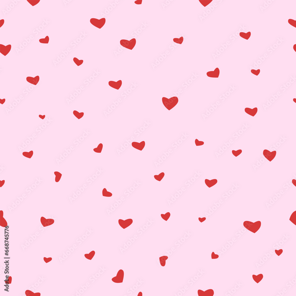 Red love heart seamless pattern illustration. Cute romantic pink hearts background print. Holiday backdrop texture, romantic wedding design.