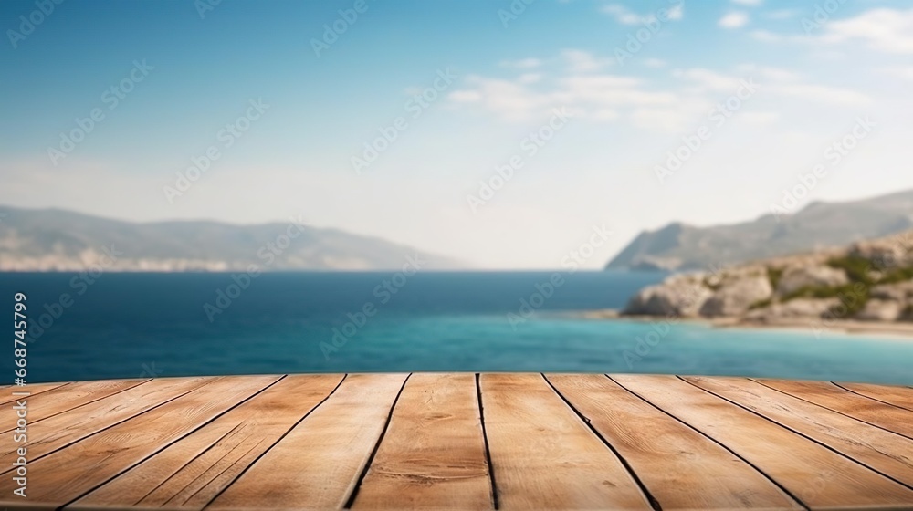 Wooden table on the background of the sea island
