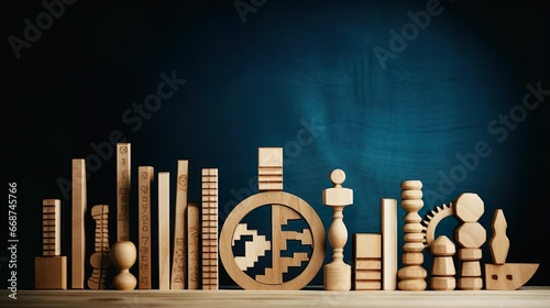 Wooden economy and currency units on craft background photo