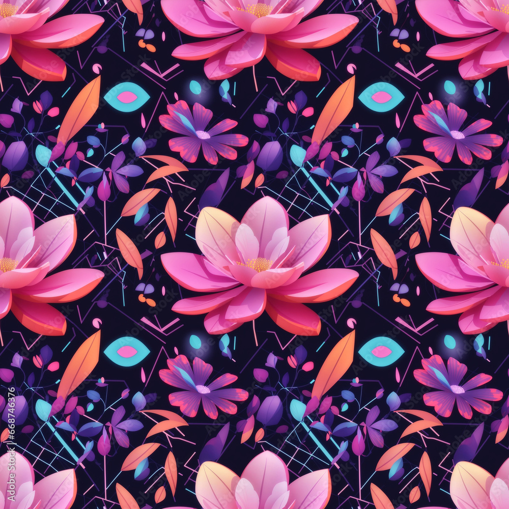 colorful floral repeat pattern created with bright high contrast vivid colors, seamless pattern for textile, packaging, wrapping paper, wallpaper, book cover, table cloth etc, generativeai