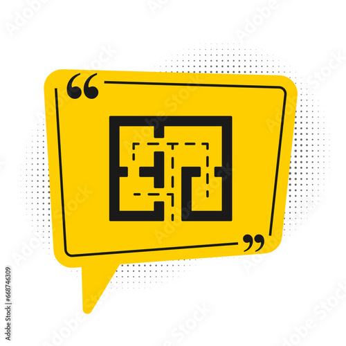 Black Evacuation plan icon isolated on white background. Fire escape plan. Yellow speech bubble symbol. Vector