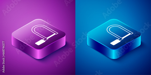 Isometric Hacksaw icon isolated on blue and purple background. Metal saw for wood and metal. Square button. Vector