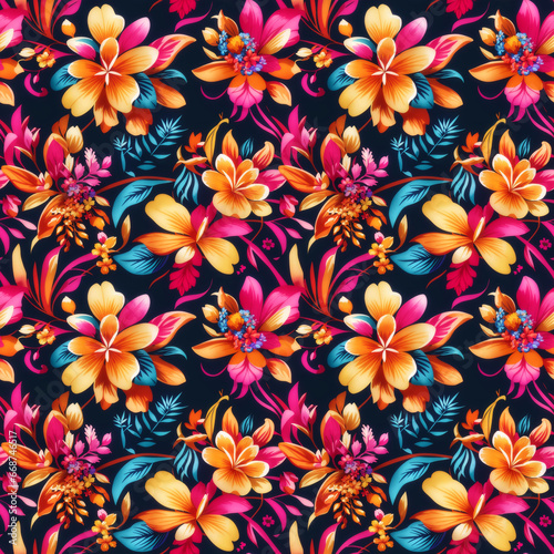 colorful floral repeat pattern created with bright high contrast vivid colors  seamless pattern for textile  packaging  wrapping paper  wallpaper  book cover  table cloth etc  generativeai