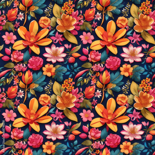colorful floral repeat pattern created with bright high contrast vivid colors, seamless pattern for textile, packaging, wrapping paper, wallpaper, book cover, table cloth etc, generativeai