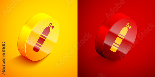 Isometric Aqualung icon isolated on orange and red background. Oxygen tank for diver. Diving equipment. Extreme sport. Diving underwater equipment. Circle button. Vector