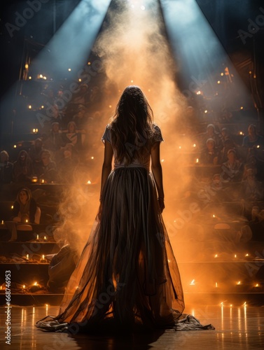 Fictional woman artist in dress on big stage of luxury concert hall AI photo