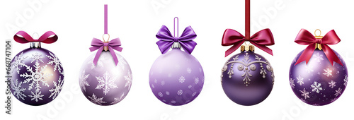 Set of purple Christmas ball baubles decoration isolated on transparent background with clipping path