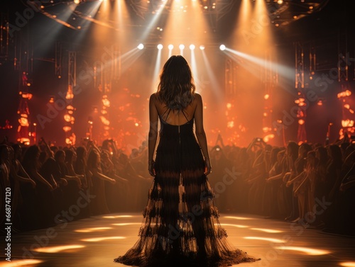 Fictional woman artist in dress on big stage of luxury concert hall AI photo