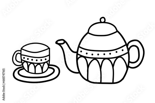 Cute cartoon porcelain black and white mug tea cup and pott.Vector simple illustration, coloring book