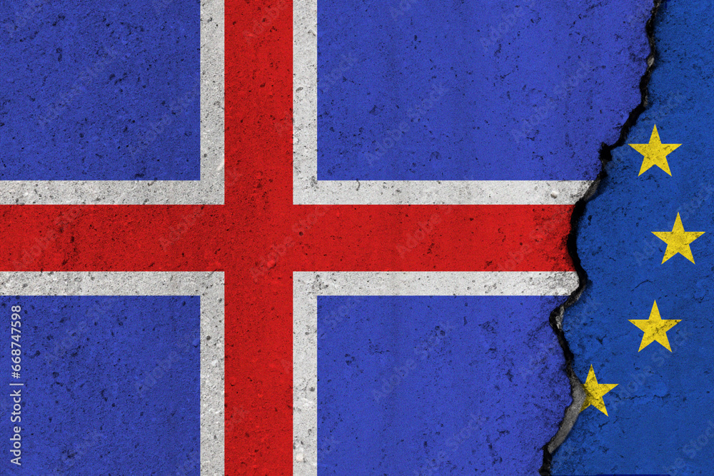 Fototapeta premium Iceland and EU flag cracked on a concrete background