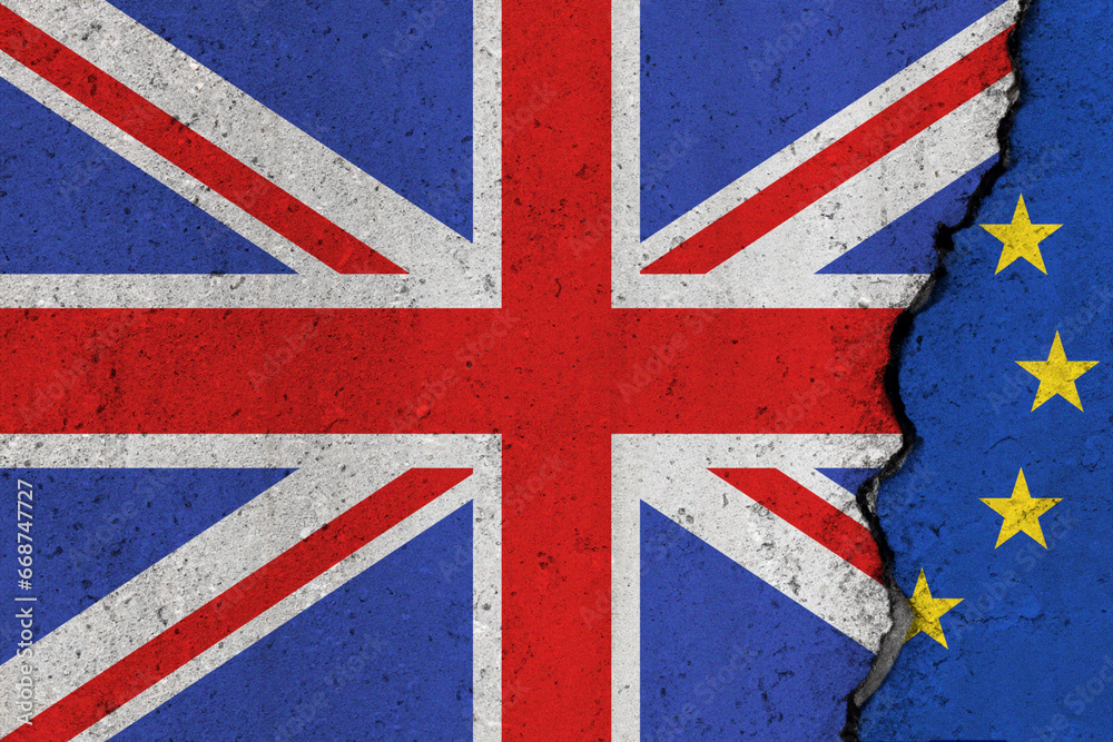 Fototapeta premium United Kingdom and EU flag cracked on a concrete background