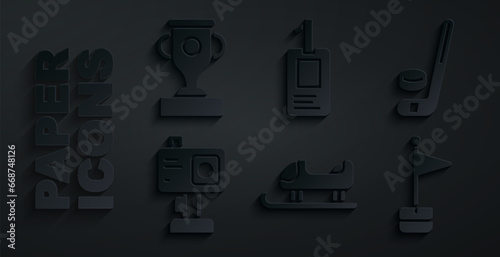 Set Sled, Ice hockey stick and puck, Action camera, Location marker, Identification badge and Award cup icon. Vector