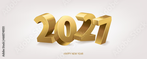 Happy new year 2027. Golden shiny 3D numbers, isolated on white background. Vector illustration.