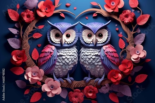 A beautiful papercut flower couple owl, 3d renderd, valentines day © MaxSimplify