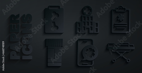 Set Emergency phone call, Clinical record, Medicine bottle and pills, Stretcher, Medical hospital building and X-ray shots icon. Vector