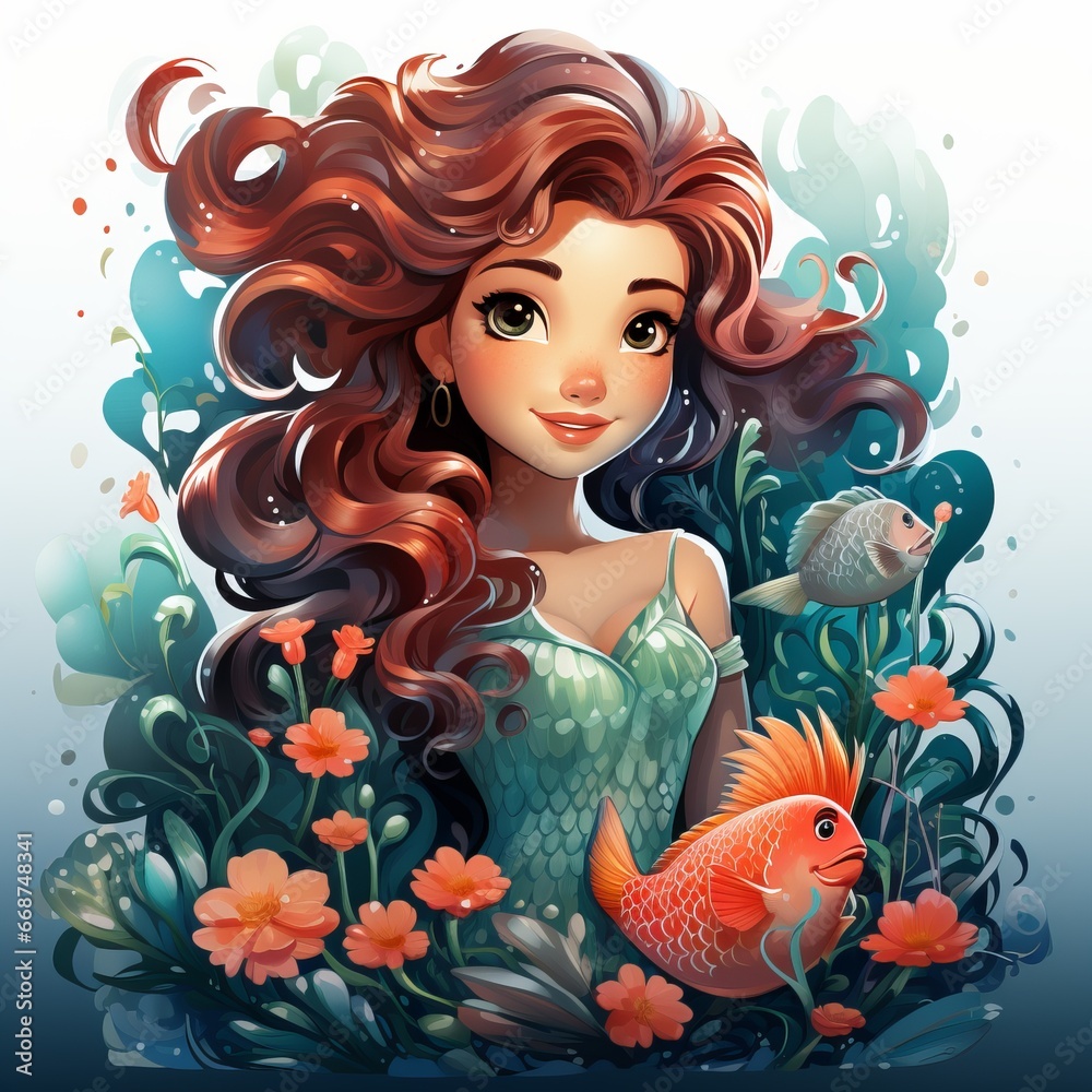 Mermaid, illustration of a fairy-tale character underwater surrounded by fish and algae. Beautiful water nymph Undine, a mythical inhabitant of the sea and ocean.