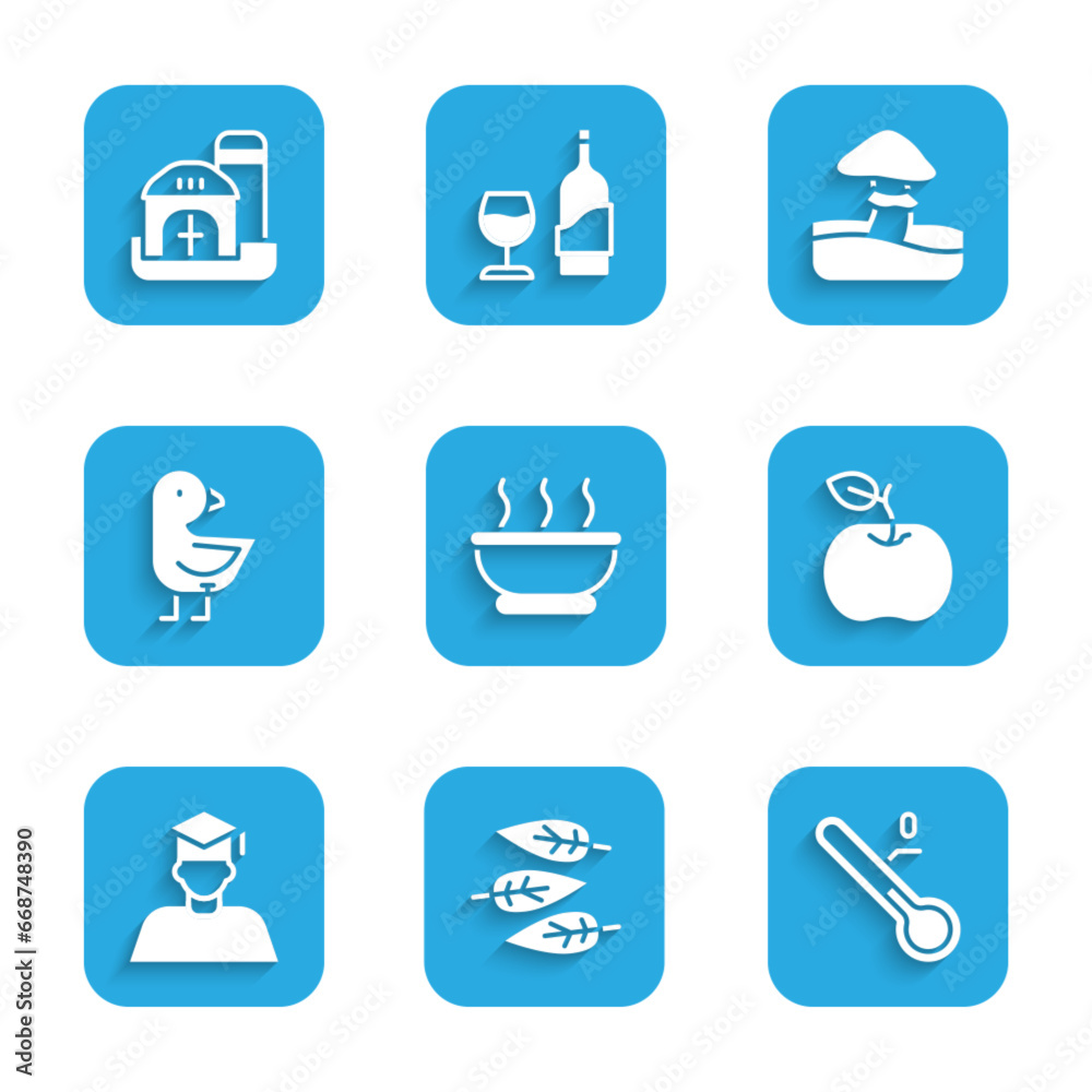 Set Bowl of hot soup, Leaf or leaves, Meteorology thermometer, Apple, Graduate and graduation cap, Little chick, Mushroom and Farm house icon. Vector