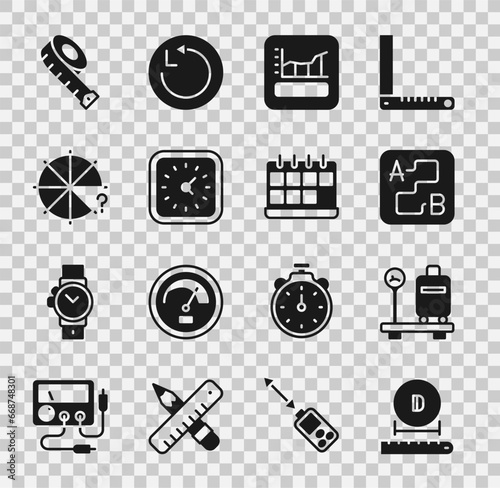 Set Diameter, Scale with suitcase, Route location, Graph, schedule, chart, diagram, Clock, Circle of pieces, Measuring tape and Calendar icon. Vector