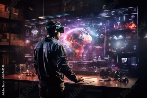 The user wears a VR headset, he is interacting with a virtual reality screen and user interface. virtual desktop concept by generative ai.