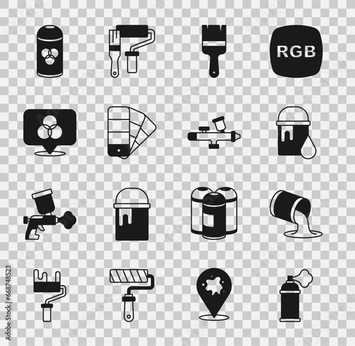 Set Paint spray can, bucket, brush, Color palette guide, RGB and CMYK color mixing, and gun icon. Vector