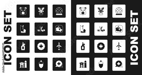 Set Montreal Biosphere, Ice hockey sticks, Skates, Beaver animal, Canada map, Deer head with antlers, Wind turbine and Bottle of maple syrup icon. Vector
