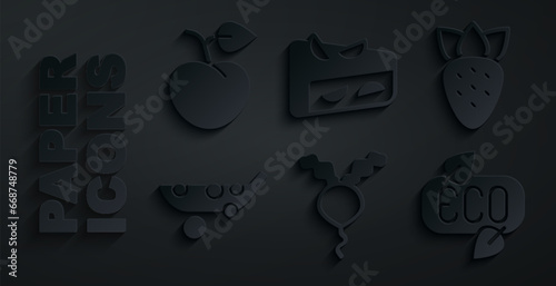 Set Radish, Strawberry, Peas, Leaf Eco symbol, Homemade fruit pie and Peach or nectarine icon. Vector