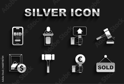 Set Auction hammer, sold, Hand holding auction paddle, painting, Online and auctioneer sells icon. Vector