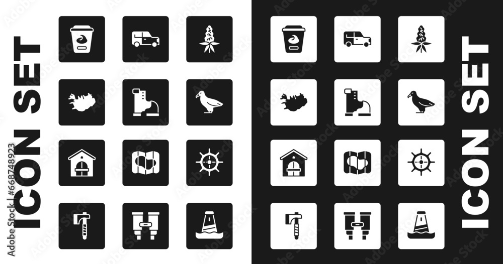 Set Lupine flower, Winter warm boot, Map of Iceland, Yogurt container, Albatross, Car, Ship steering wheel and Farm house icon. Vector Set Lupine flower, Winter warm boot, Map of Iceland, Yogurt container, Albatross, Car, Ship steering wheel and Farm house icon. Vector