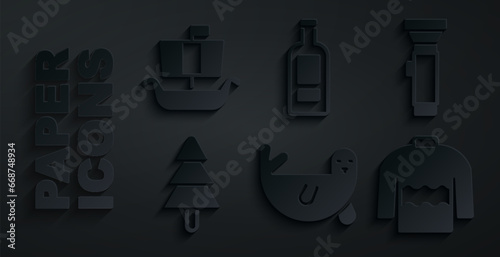 Set Fur seal animal, Flashlight, Tree, Sweater, Bottle of vodka and Viking ship Drakkar icon. Vector