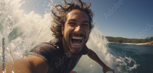 Close-up action selfie of surfer riding wave.Extreme sport concept. © Allistair/Peopleimages - AI