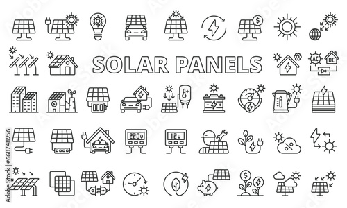 Solar panels icon set in line design. Energy, Green, Electricity, Charging, Solar Farm, Sun, Panel vector illustrations. Editable stroke icons.