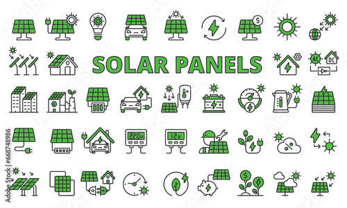 Solar panels icon set in line design. Energy, Green, Electricity, Charging, Solar Farm, Sun, Panel vector illustrations. Editable stroke icons.