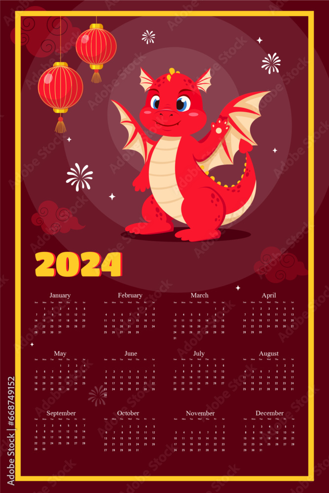 Vector Chinese calendar 2024 Happy Chinese New Year calendar with cute