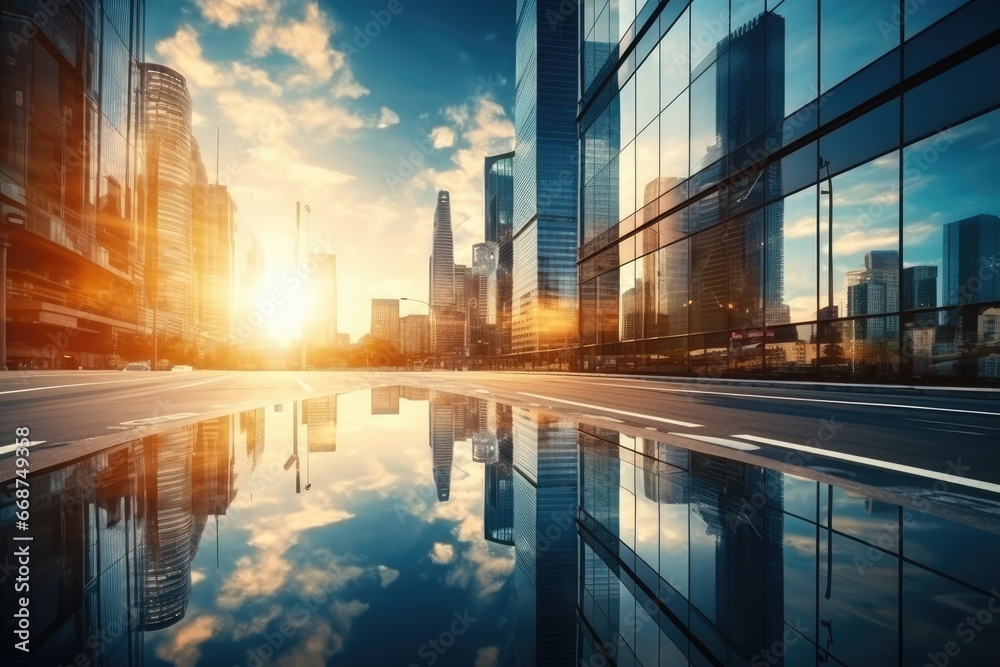 Modern office building or business center Tall buildings' windows made of glass reflect clouds and sunlight. Empty streets outside the walls of modern civilization business growth by Generative AI