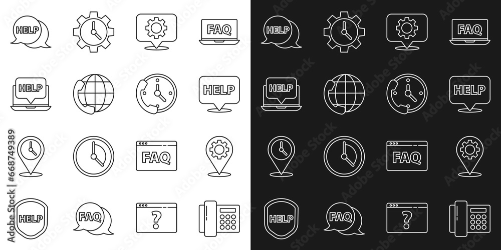 Set line Telephone, Location with gear, Speech bubble text Help, 24 hours support, Laptop and help, and icon. Vector