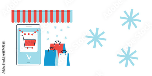 Christmas and New Year Sale. Gift boxes, shopping bags. Decorative festive elements, present box surprise. Vector illustration