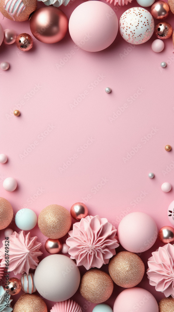 Pink and white christmas background with balls, xmas background.