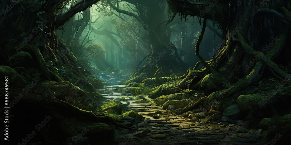 AI Generated. AI Generative. Misty magic fantasy deep green jungle forest. Adventure trail path background. Graphic Art