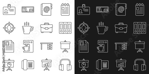 Fototapeta Naklejka Na Ścianę i Meble -  Set line Headphones, Chalkboard with diagram, Office folders, Address book, Coffee cup, hunting concept, Identification badge and Briefcase icon. Vector