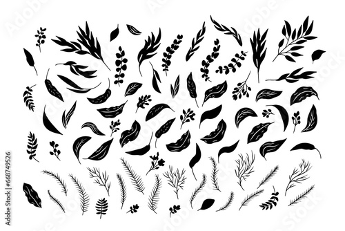 Bundle of black tropical leaves silhouettes isolated on white background