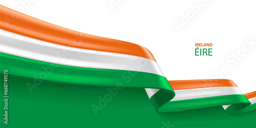 Ireland 3D ribbon flag. Bent waving 3D flag in colors of the Ireland national flag. National flag background design.