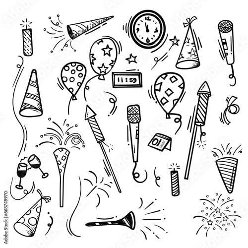 Doodle vector set with new year party related objects in line art for new year party template