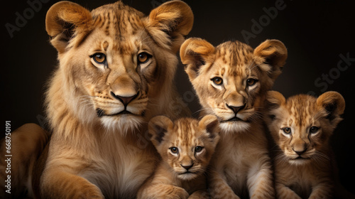 Family of friendly lions close-up