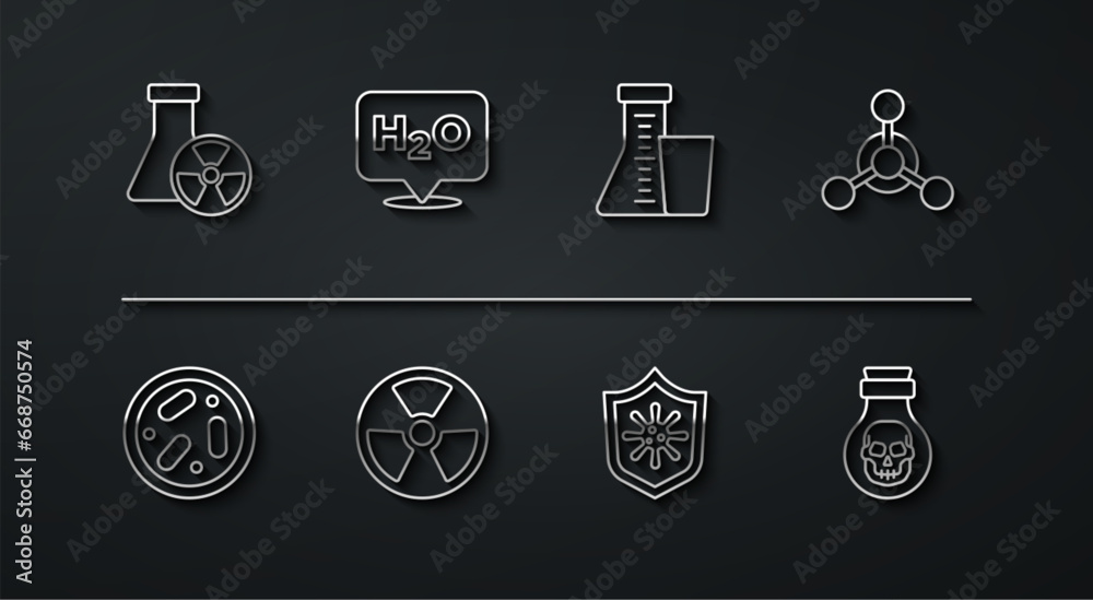 Set line Test tube radiation, Petri dish with bacteria, Molecule, Shield protecting from virus, Radioactive, Chemical formula for H2O, Poison bottle and and flask icon. Vector Set line Test tube radiation, Petri dish with bacteria, Molecule, Shield protecting from virus, Radioactive, Chemical formula for H2O, Poison bottle and and flask icon. Vector