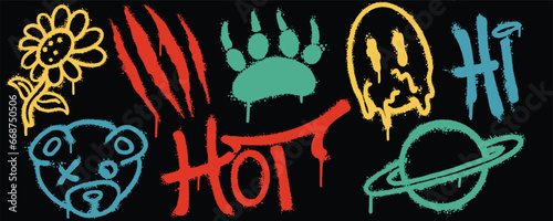 Set graffiti color spray paint. Collection of flower, hi, planet saturn, hot, bear Isolated Vector