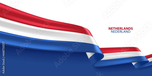  Netherlands 3D ribbon flag. Bent waving 3D flag in colors of the Netherlands national flag. National flag background design.