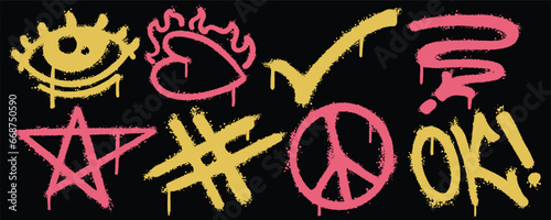 Set graffiti color spray paint. Collection of eye, love, tick, ok!, hastag, star Isolated Vector