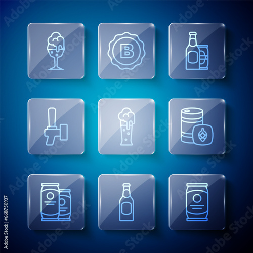 Set line Beer can, bottle, and beer, Glass of, tap, and Metal keg icon. Vector