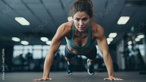Woman doing push-ups at the gym, strength training, fitness. Generative AI